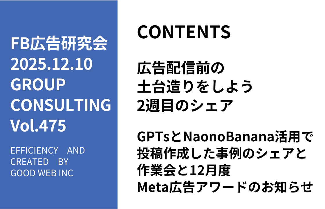 第475回GPTsとNaonoBanana活用で投稿作成した事例のシェアと作業会と12月度Meta広告アワードのお知らせ